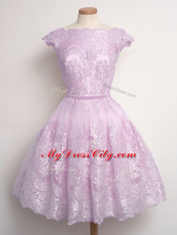 Custom Designed Lilac Lace Up Bridesmaid Gown Lace Cap Sleeves Knee Length