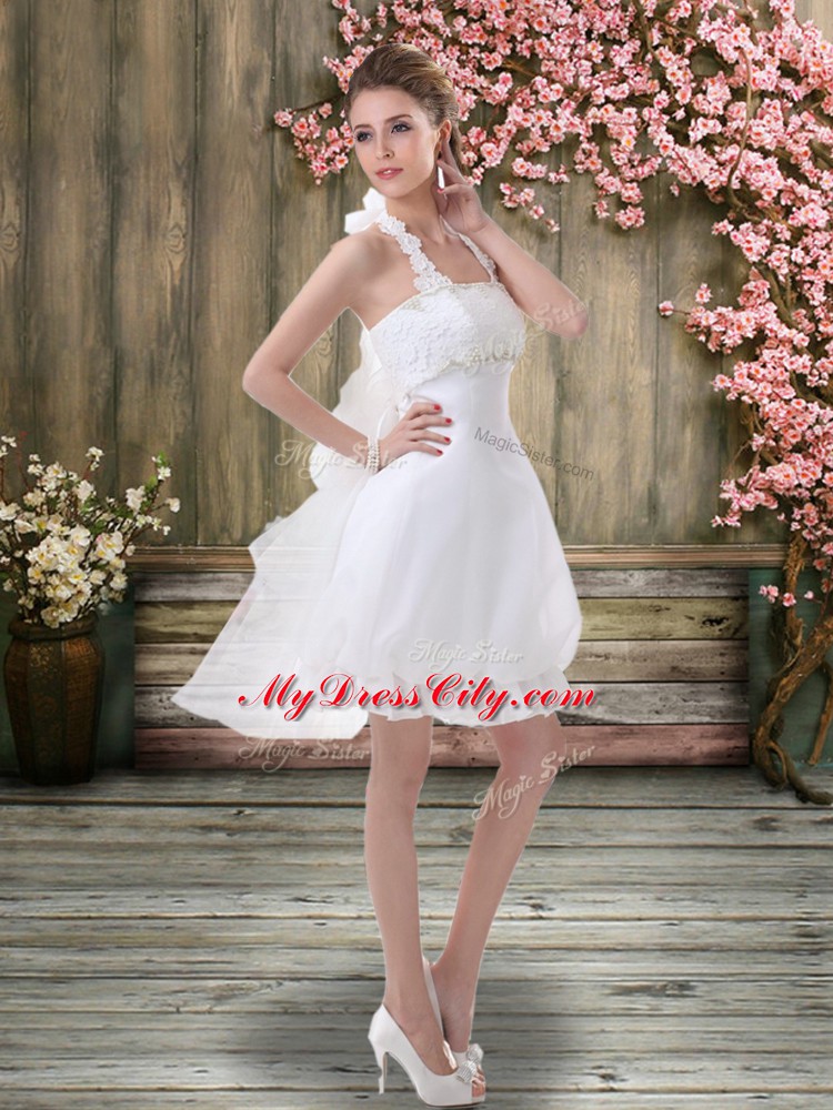 High Quality White Chiffon Backless Bridal Gown Sleeveless Mini Length Ruching