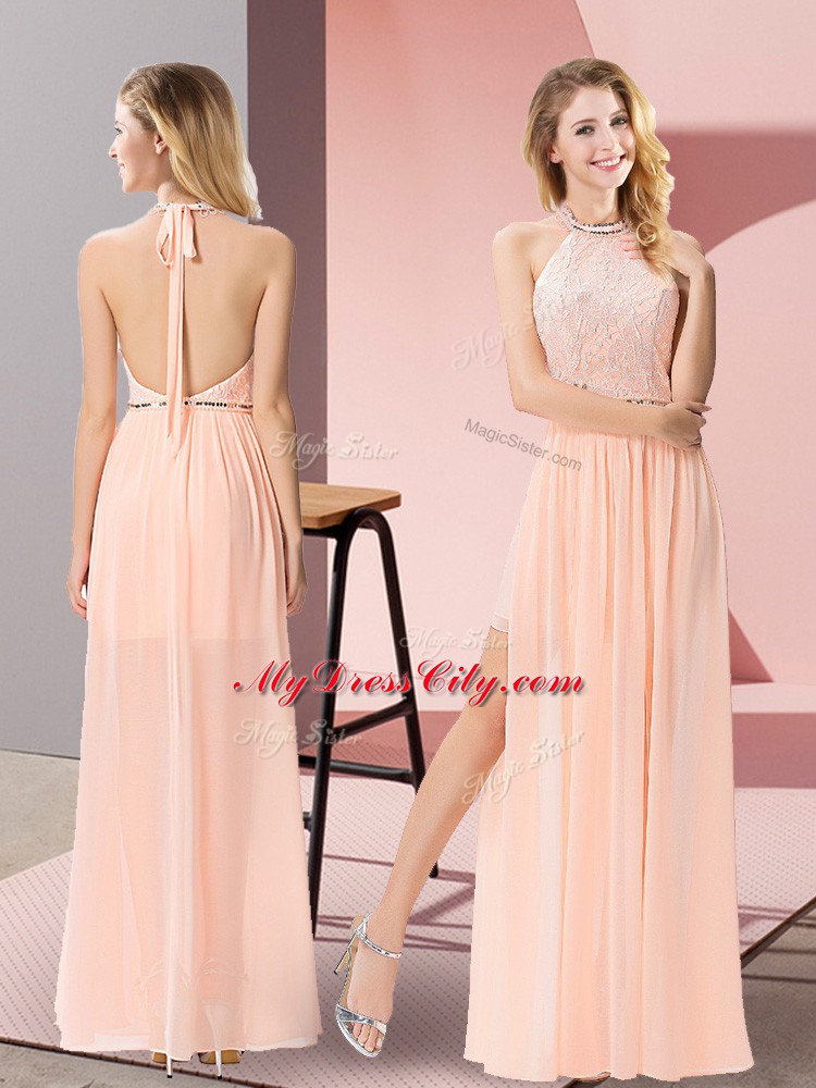 Modest Peach Chiffon Backless Prom Gown Sleeveless Floor Length Sequins