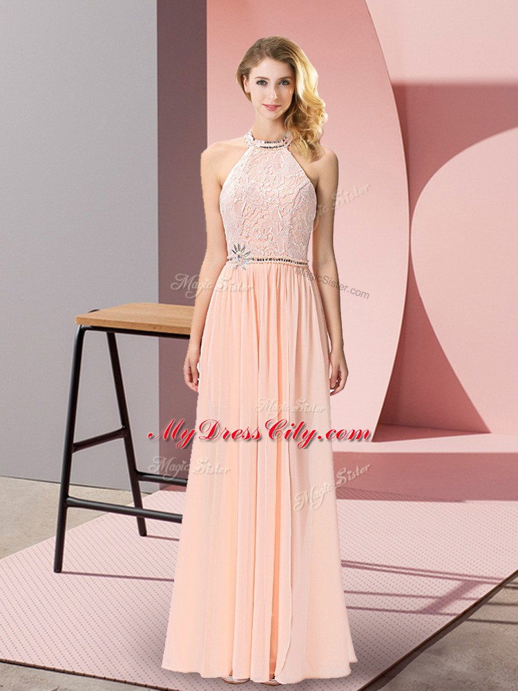 Modest Peach Chiffon Backless Prom Gown Sleeveless Floor Length Sequins