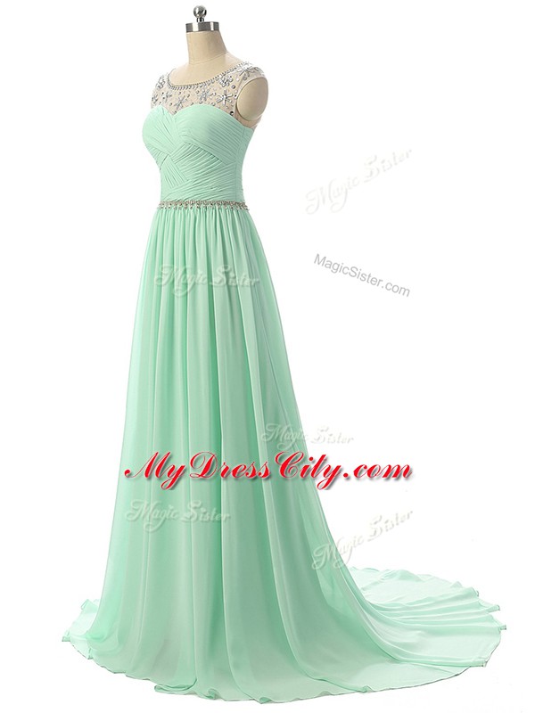 Custom Fit Sleeveless Brush Train Beading and Ruching Zipper Evening Dress