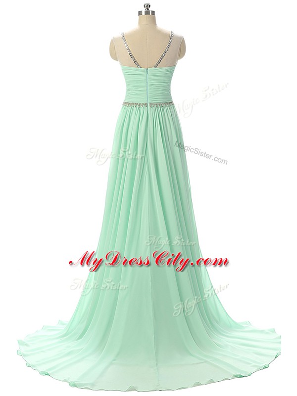 Custom Fit Sleeveless Brush Train Beading and Ruching Zipper Evening Dress