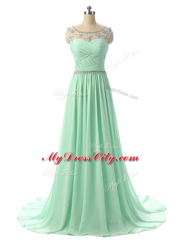 Custom Fit Sleeveless Brush Train Beading and Ruching Zipper Evening Dress