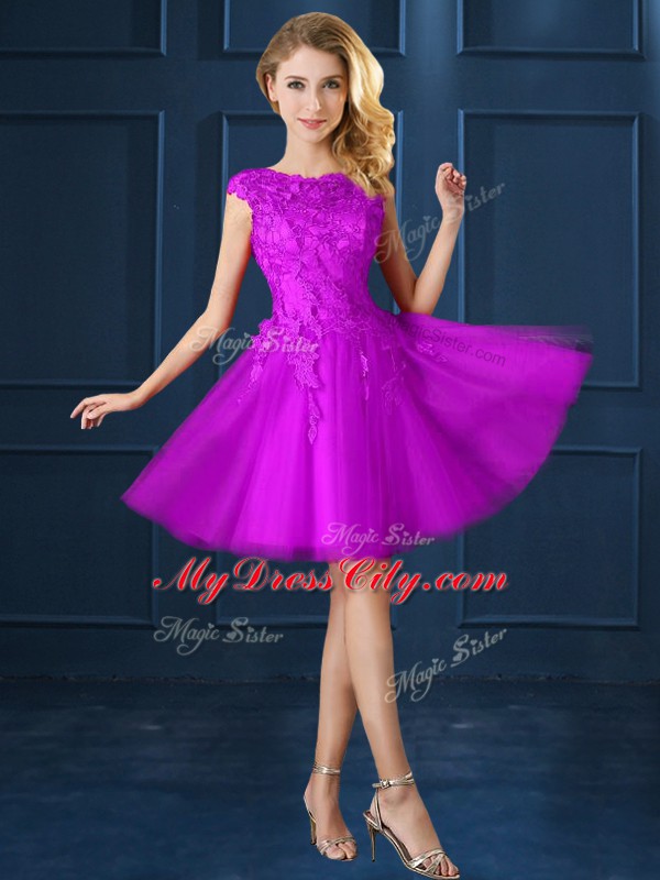 Fashionable Eggplant Purple Cap Sleeves Knee Length Lace and Belt Lace Up Wedding Party Dress