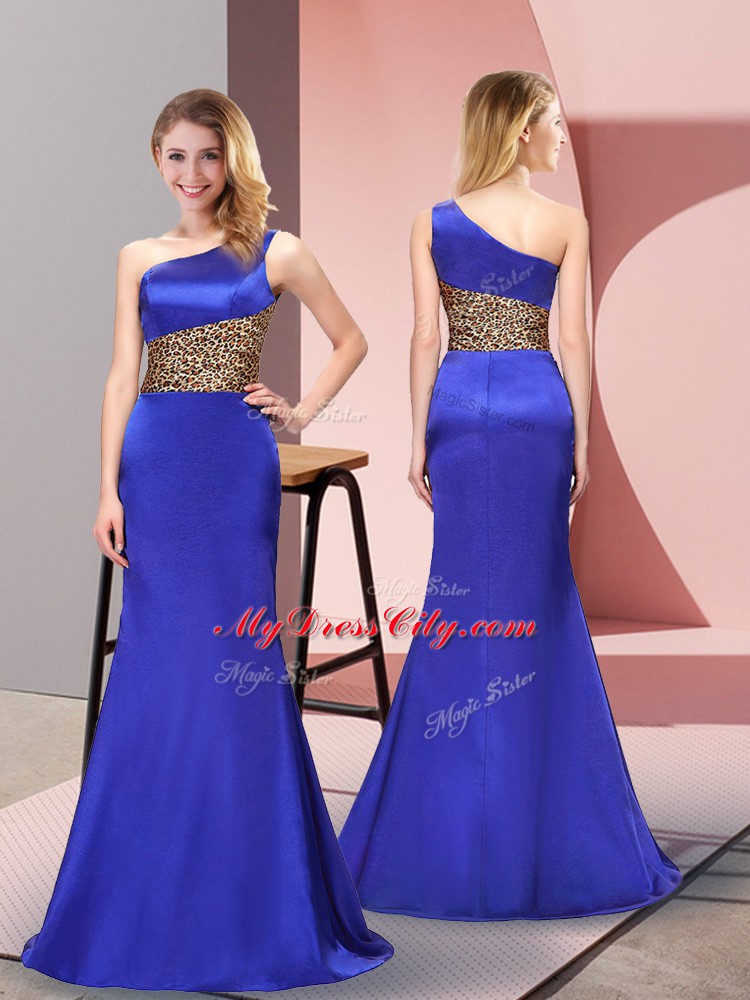 New Arrival Column/Sheath Prom Dress Royal Blue One Shoulder Elastic Woven Satin Sleeveless Floor Length Side Zipper