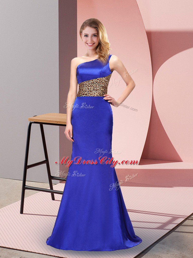 New Arrival Column/Sheath Prom Dress Royal Blue One Shoulder Elastic Woven Satin Sleeveless Floor Length Side Zipper