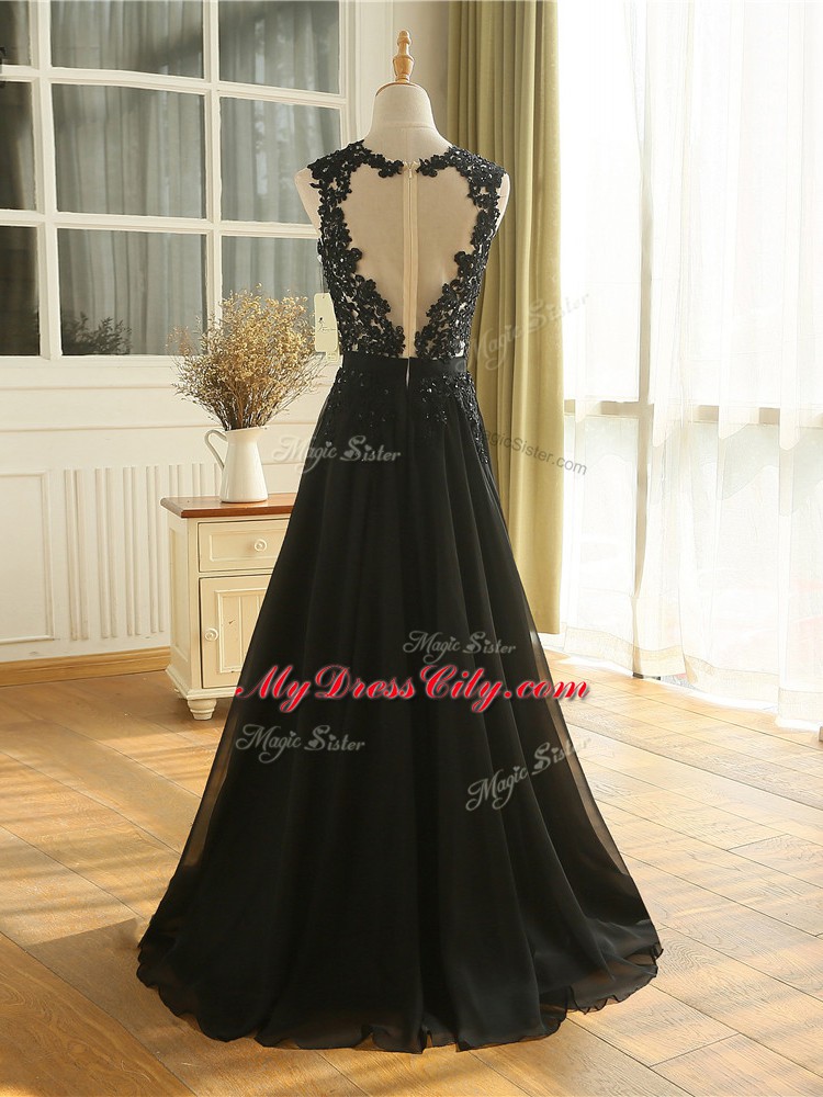 Hot Sale Floor Length Black Hoco Dress Scoop Sleeveless Zipper