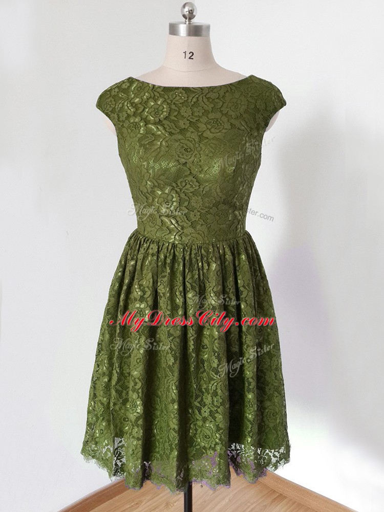 Deluxe Knee Length Empire 3 4 Length Sleeve Olive Green Wedding Party Dress Lace Up