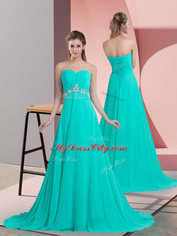 Classical Chiffon Sleeveless Prom Gown Brush Train and Beading