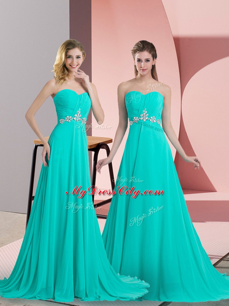 Classical Chiffon Sleeveless Prom Gown Brush Train and Beading