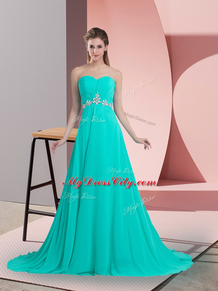 Classical Chiffon Sleeveless Prom Gown Brush Train and Beading