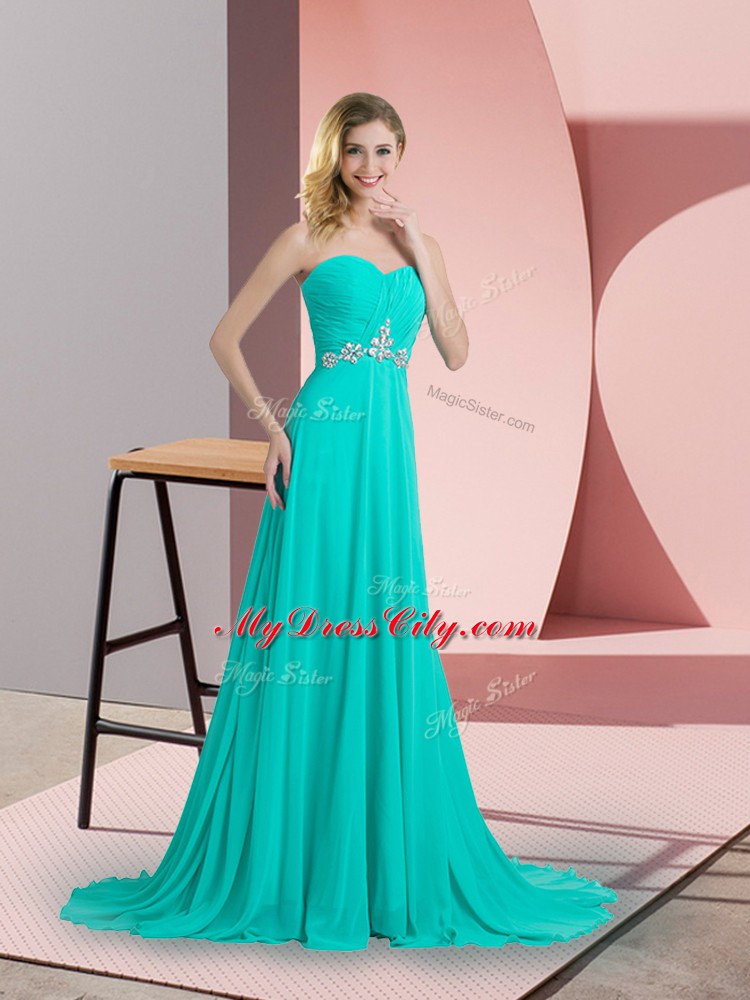 Classical Chiffon Sleeveless Prom Gown Brush Train and Beading