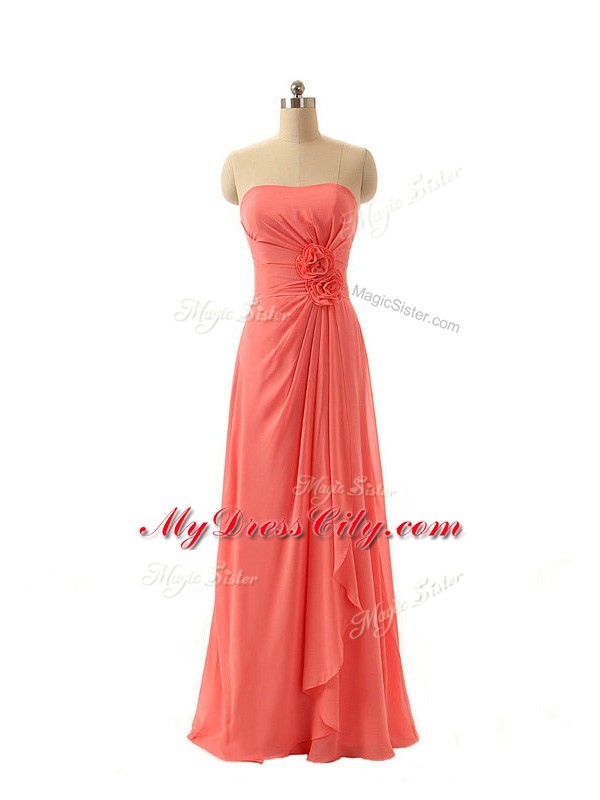 Custom Design Watermelon Red Chiffon Zipper Strapless Sleeveless Floor Length Bridesmaid Dresses Hand Made Flower