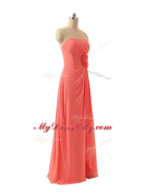 Custom Design Watermelon Red Chiffon Zipper Strapless Sleeveless Floor Length Bridesmaid Dresses Hand Made Flower