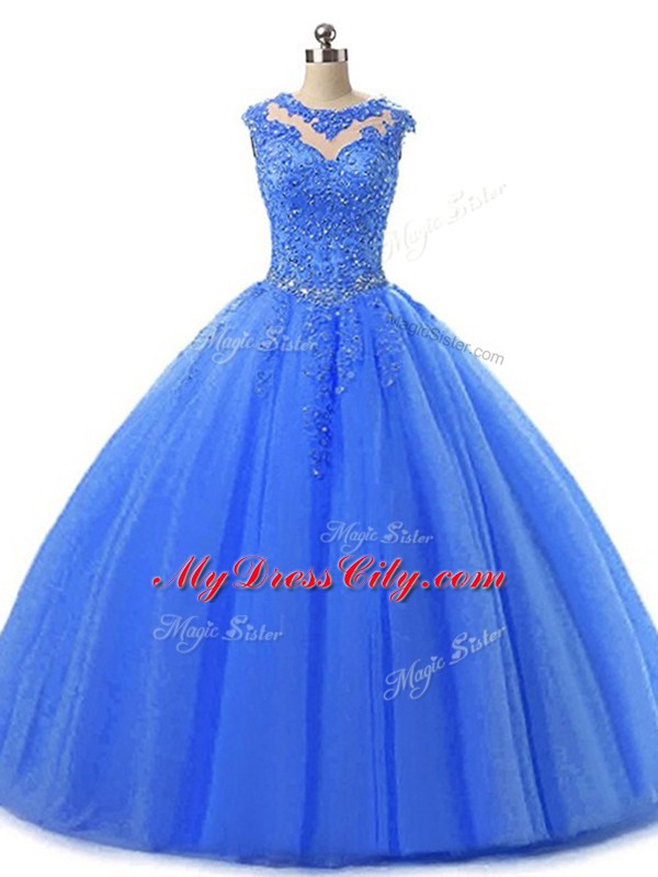 Blue Tulle Lace Up Scoop Sleeveless Floor Length Ball Gown Prom Dress Beading and Lace