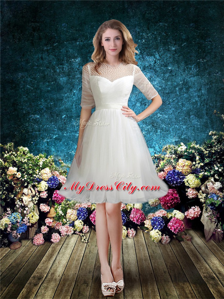 Scoop Half Sleeves Wedding Dress Brush Train Beading White Tulle