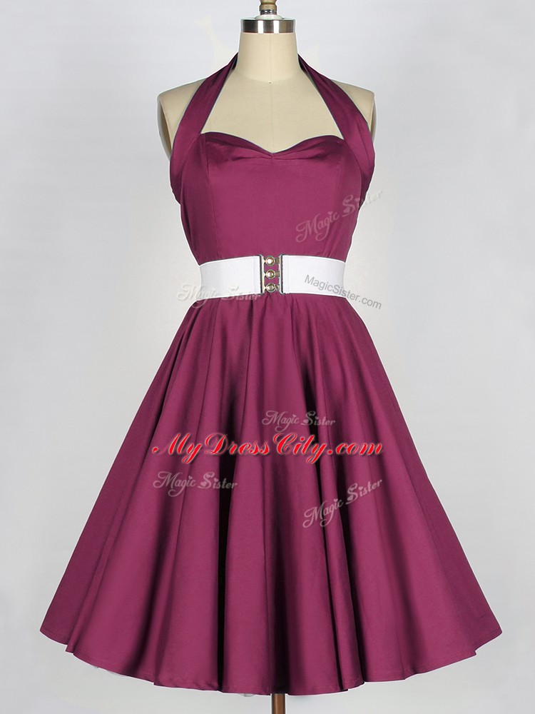 Popular Burgundy Halter Top Neckline Belt Bridesmaid Dresses Sleeveless Lace Up