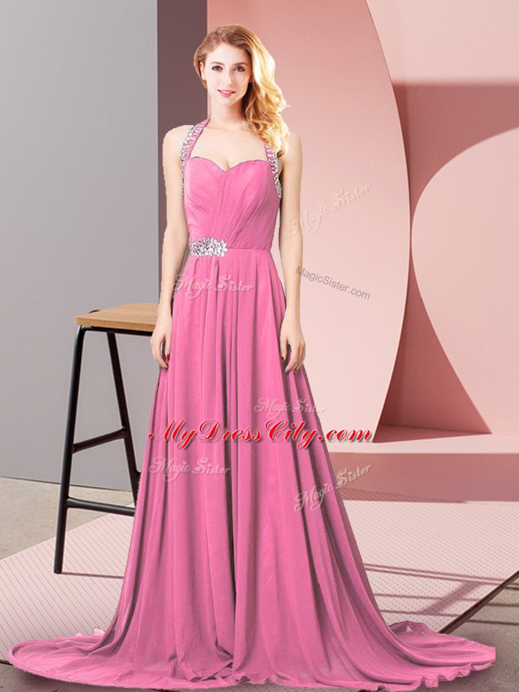 Flare Pink Halter Top Neckline Beading and Ruching Prom Dresses Sleeveless Zipper