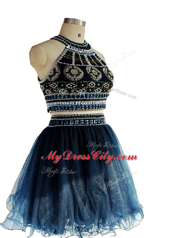 Tulle Halter Top Sleeveless Backless Beading Pageant Dress in Navy Blue