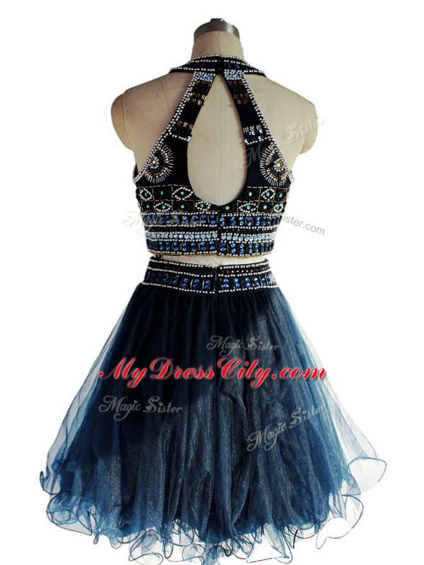 Tulle Halter Top Sleeveless Backless Beading Pageant Dress in Navy Blue