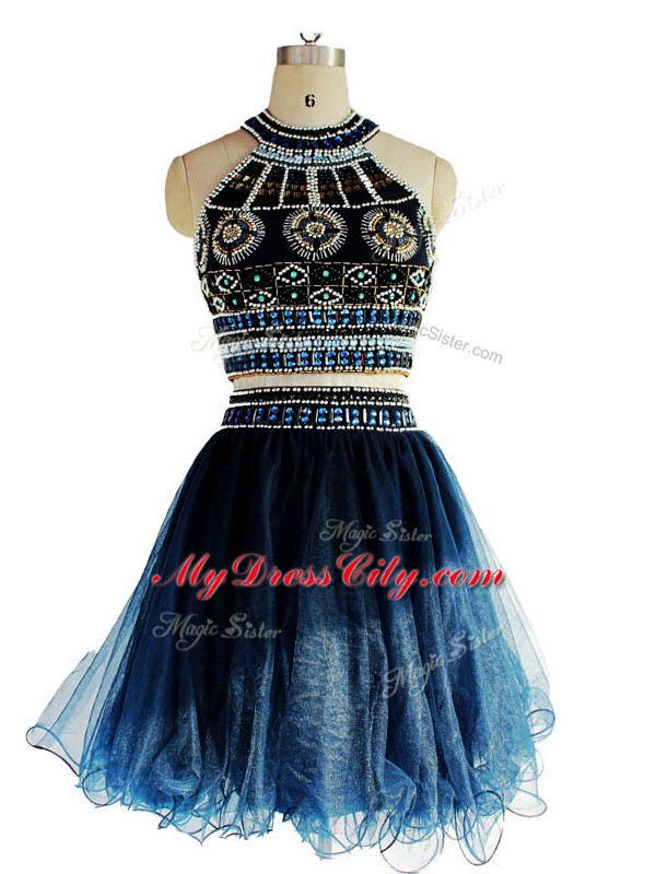 Tulle Halter Top Sleeveless Backless Beading Pageant Dress in Navy Blue