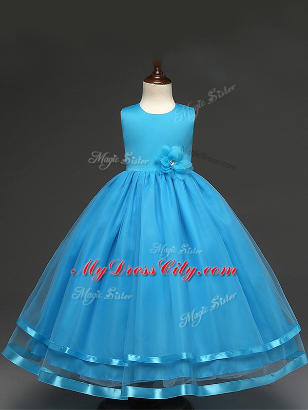 Beautiful Tulle Scoop Sleeveless Zipper Hand Made Flower Little Girl Pageant Gowns in Baby Blue