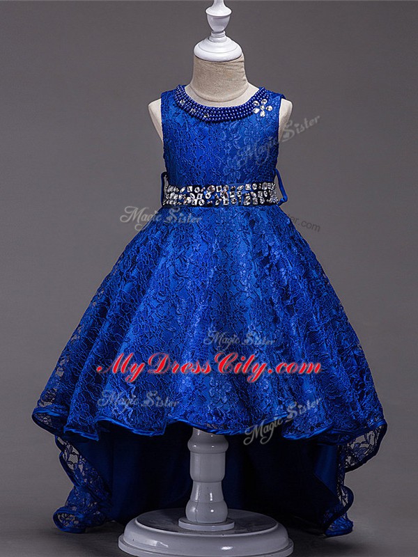 Ideal Royal Blue A-line Scoop Sleeveless Lace High Low Lace Up Beading Flower Girl Dress