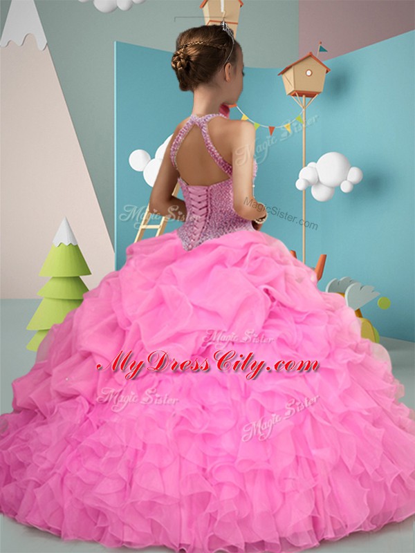 Superior Hot Pink and Apple Green Sleeveless Ruffles Floor Length Pageant Gowns For Girls