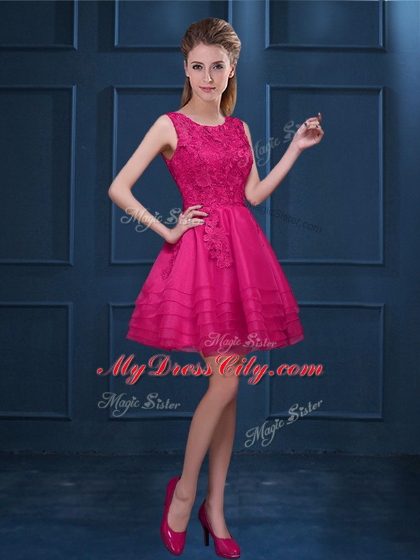 Hot Pink Sleeveless Tulle Zipper Dama Dress for Prom and Party