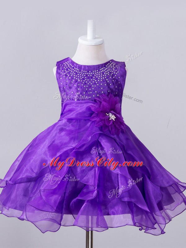 Edgy Organza Sleeveless Knee Length Toddler Flower Girl Dress and Beading and Hand Made Flower