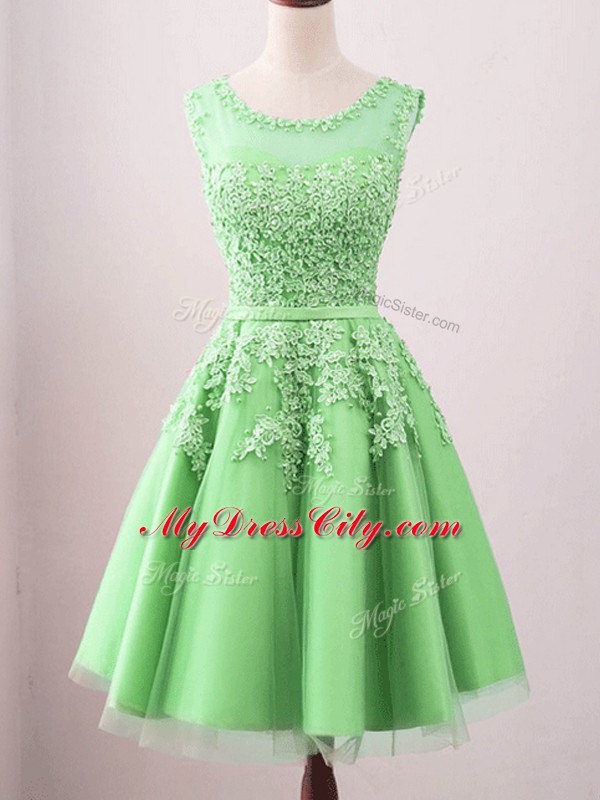 Dramatic A-line Bridesmaid Dress Green Scoop Tulle Sleeveless Knee Length Lace Up