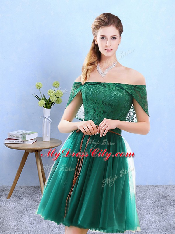 Lace Quinceanera Court of Honor Dress Olive Green Lace Up Cap Sleeves Knee Length