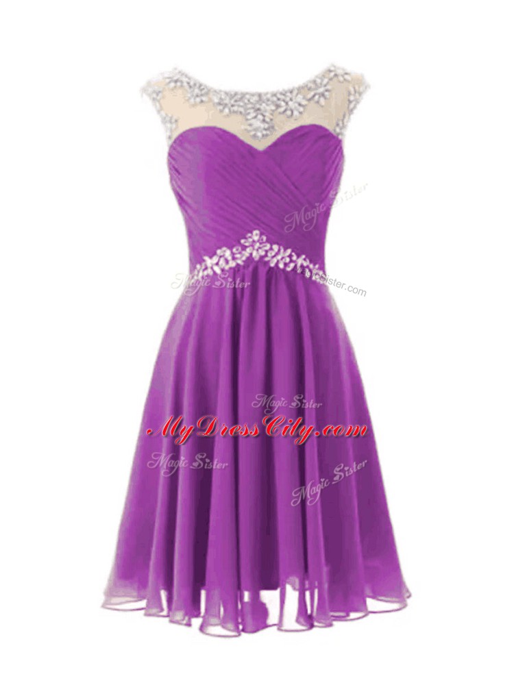 Knee Length Purple Prom Dresses Chiffon Cap Sleeves Beading