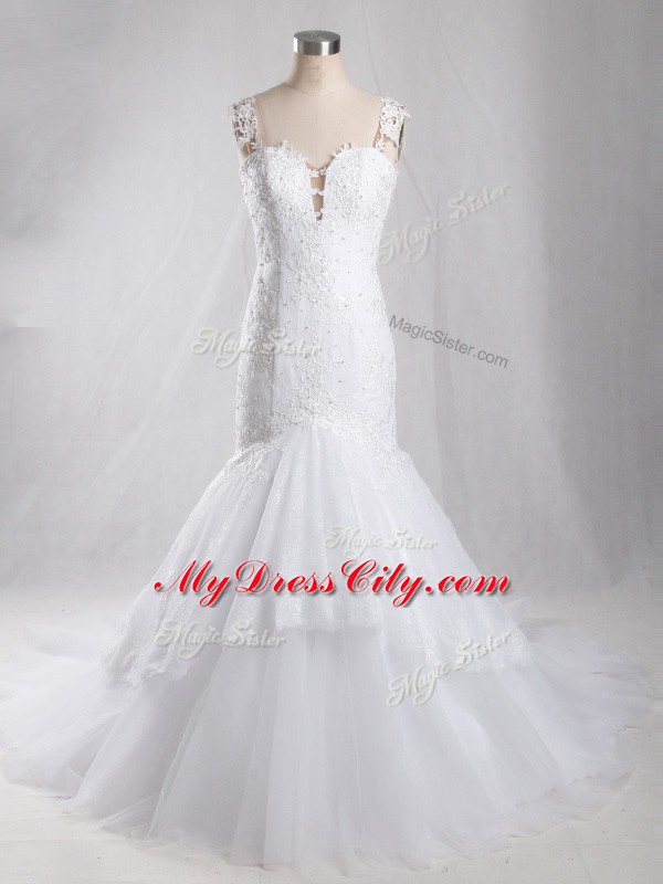 Traditional White Clasp Handle Straps Lace Wedding Gown Tulle Sleeveless Brush Train