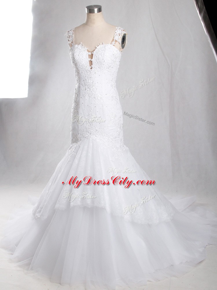 Traditional White Clasp Handle Straps Lace Wedding Gown Tulle Sleeveless Brush Train