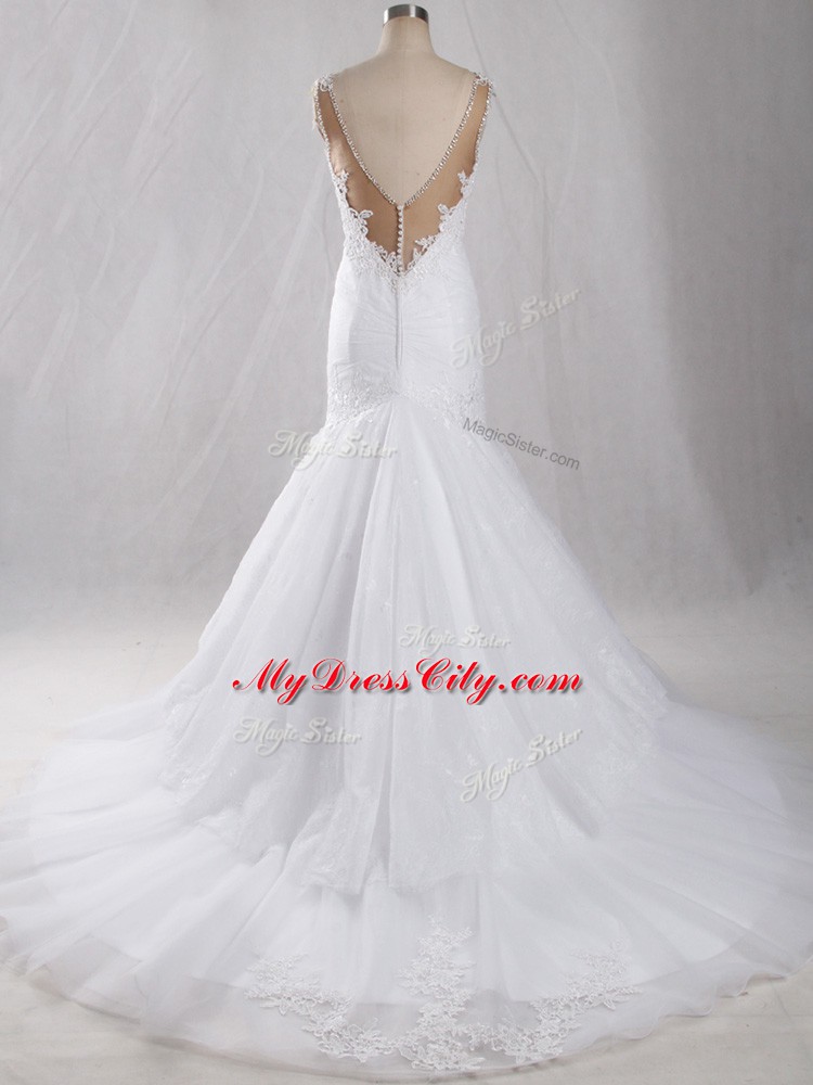 Traditional White Clasp Handle Straps Lace Wedding Gown Tulle Sleeveless Brush Train