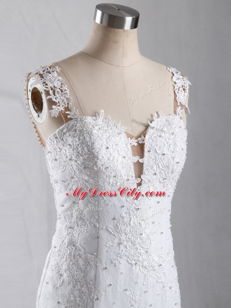 Traditional White Clasp Handle Straps Lace Wedding Gown Tulle Sleeveless Brush Train