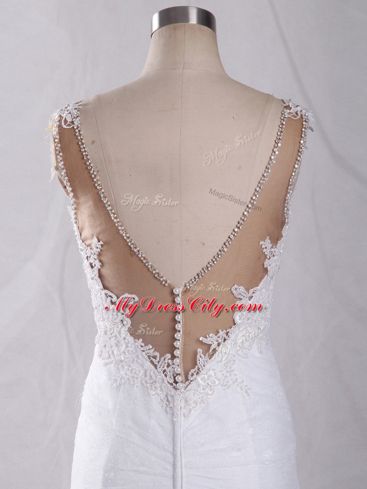 Traditional White Clasp Handle Straps Lace Wedding Gown Tulle Sleeveless Brush Train