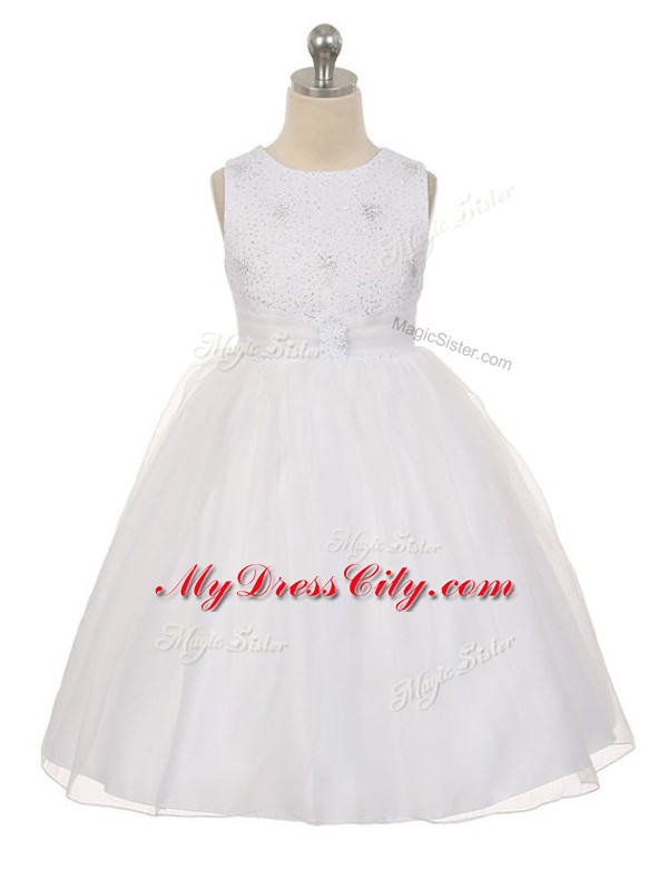 Most Popular White Ball Gowns Tulle Scoop Sleeveless Beading Knee Length Lace Up Juniors Party Dress