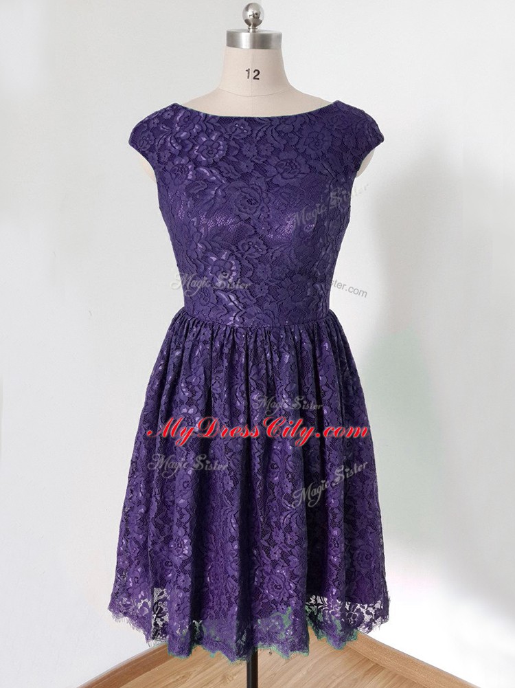 Purple Scoop Neckline Lace Bridesmaid Dress Cap Sleeves Lace Up