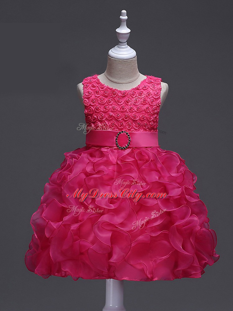 Hot Pink Ball Gowns Organza Scoop Sleeveless Ruffles and Belt Knee Length Lace Up Little Girl Pageant Gowns