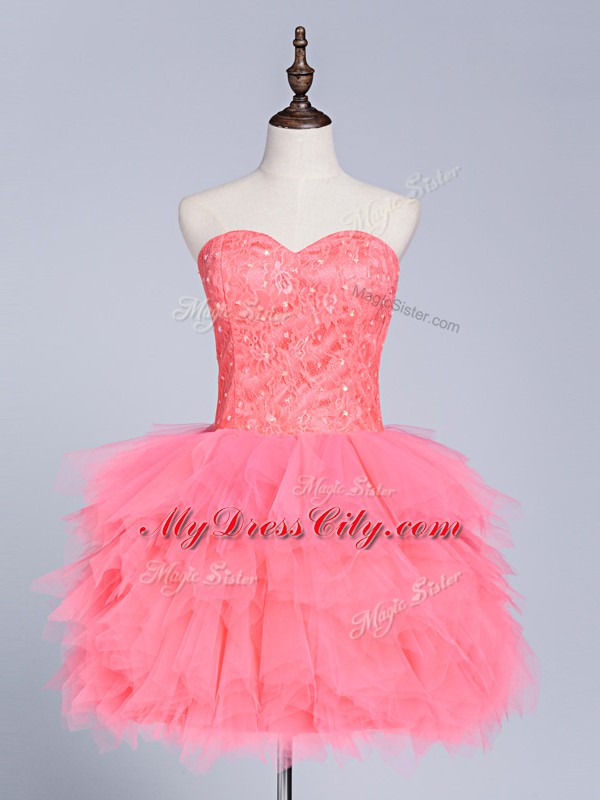 Beautiful Watermelon Red Tulle Lace Up Dress for Prom Sleeveless Mini Length Lace and Appliques