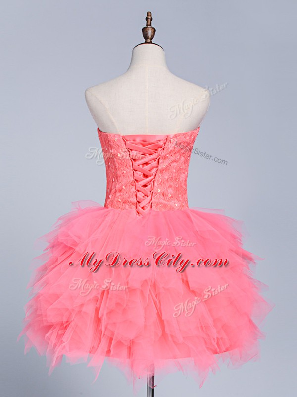 Beautiful Watermelon Red Tulle Lace Up Dress for Prom Sleeveless Mini Length Lace and Appliques