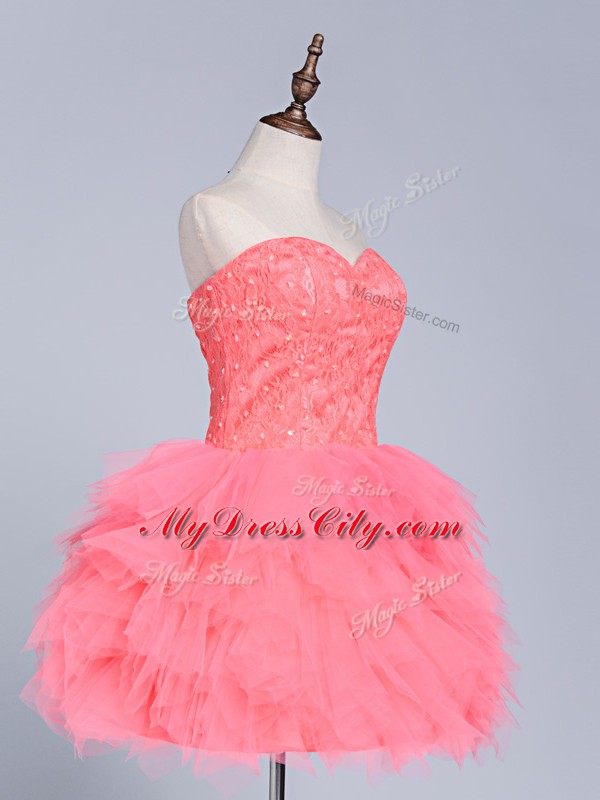 Beautiful Watermelon Red Tulle Lace Up Dress for Prom Sleeveless Mini Length Lace and Appliques