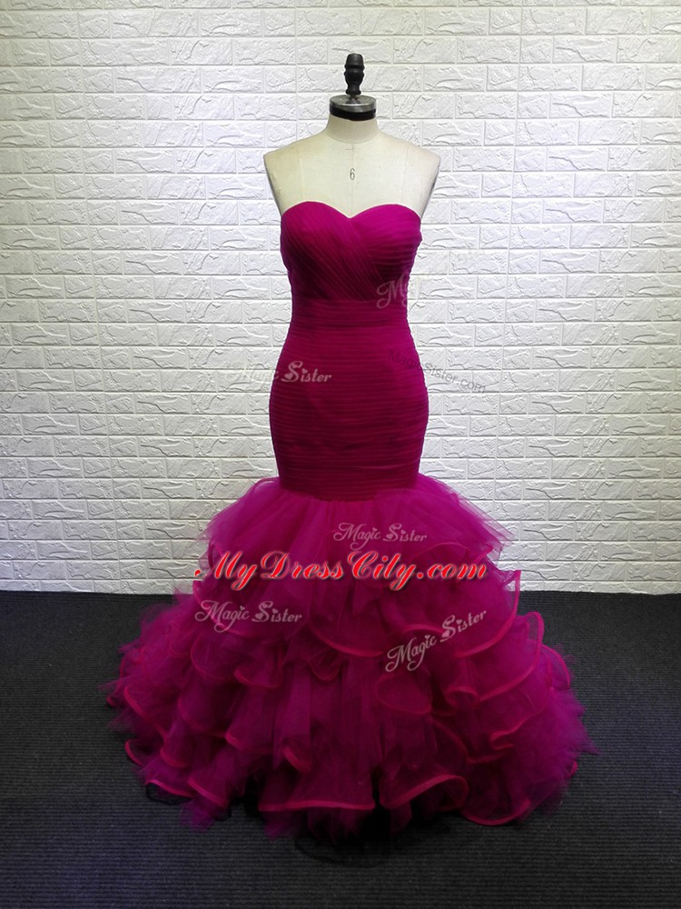 Fuchsia Evening Dress Tulle Brush Train Sleeveless Beading and Ruching