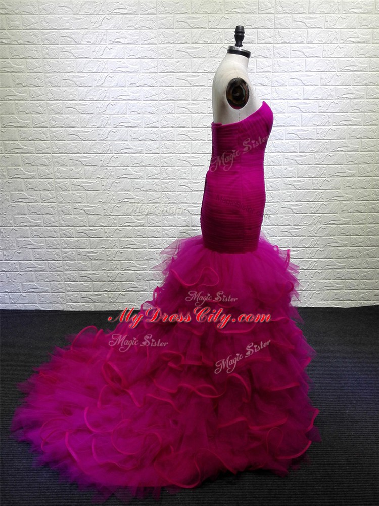 Fuchsia Evening Dress Tulle Brush Train Sleeveless Beading and Ruching