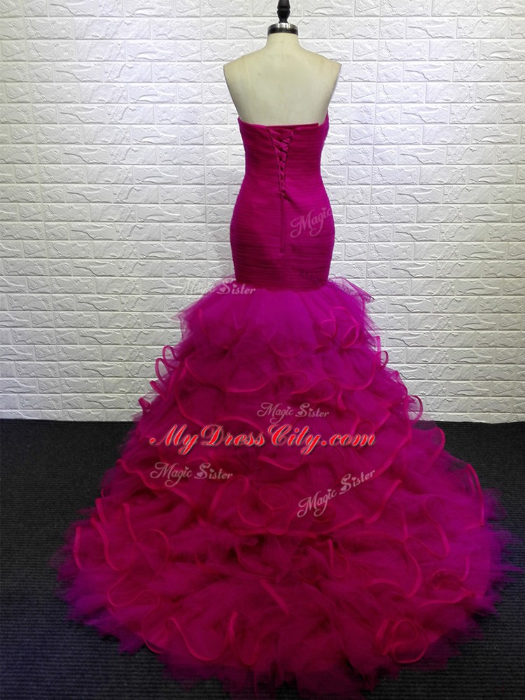 Fuchsia Evening Dress Tulle Brush Train Sleeveless Beading and Ruching