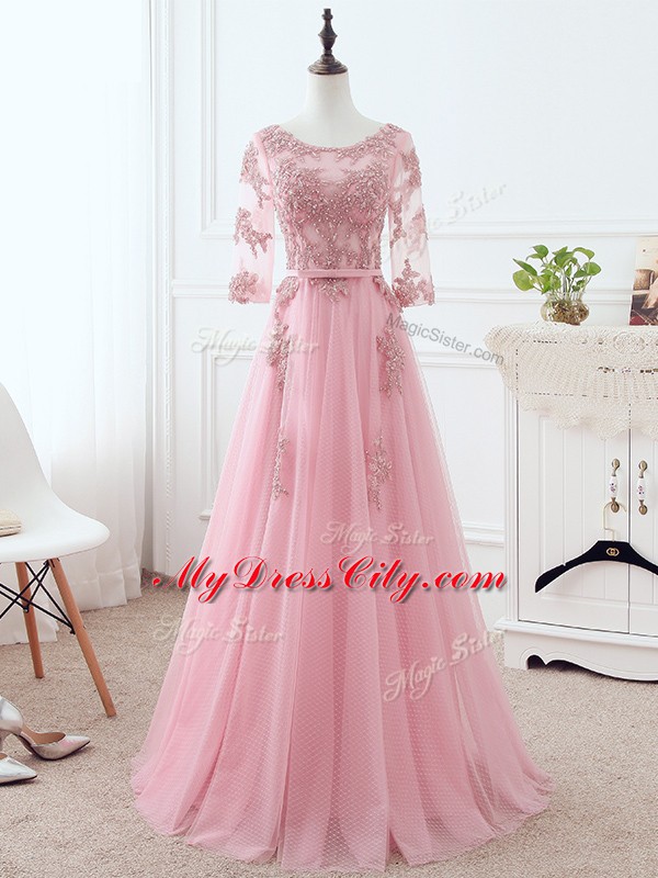 Pink Empire Lace and Appliques and Belt Mother Dresses Lace Up Tulle 3 4 Length Sleeve Floor Length