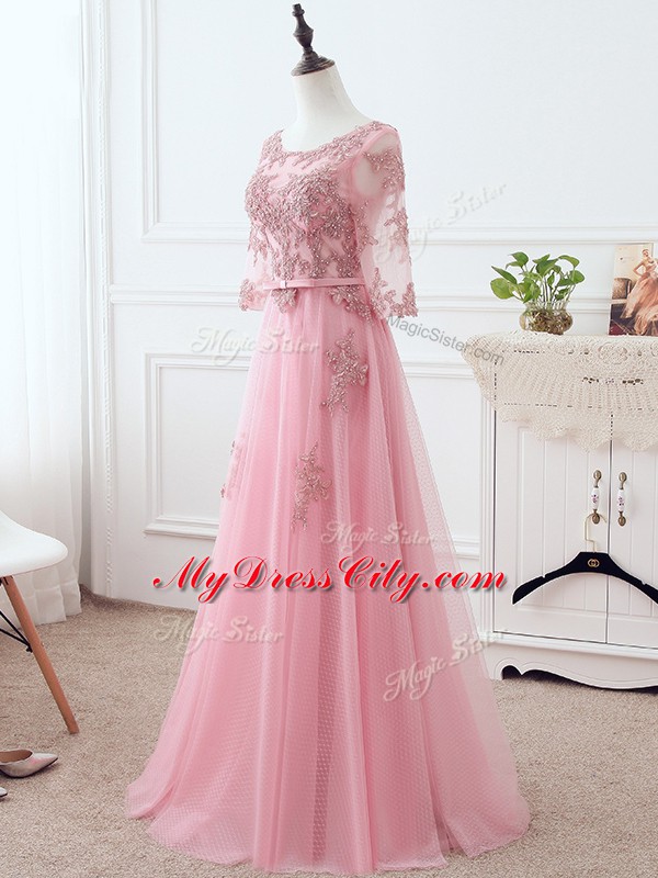 Pink Empire Lace and Appliques and Belt Mother Dresses Lace Up Tulle 3 4 Length Sleeve Floor Length