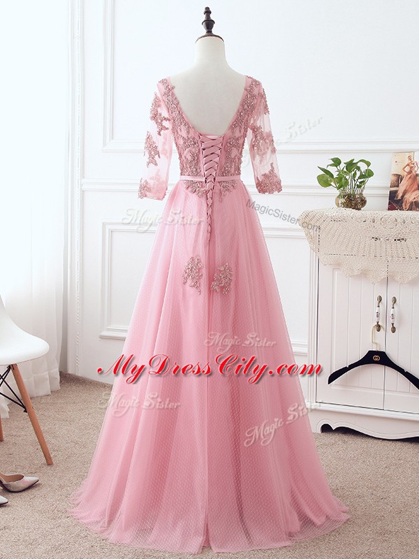 Pink Empire Lace and Appliques and Belt Mother Dresses Lace Up Tulle 3 4 Length Sleeve Floor Length